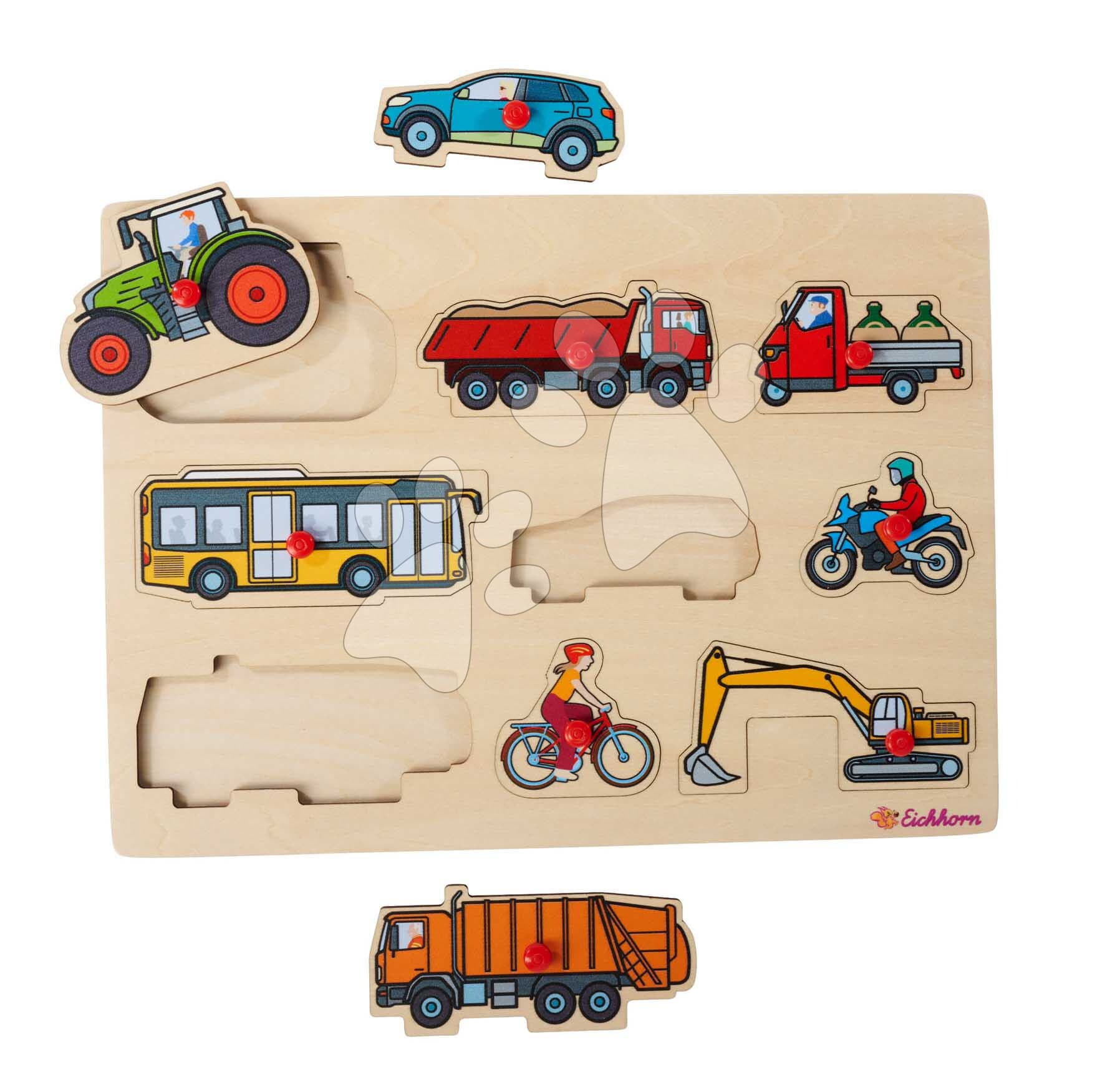 Drevené vkladacie puzzle Vozidlá Vehicles Eichhorn 9 dielikov so základňou od 12 mes