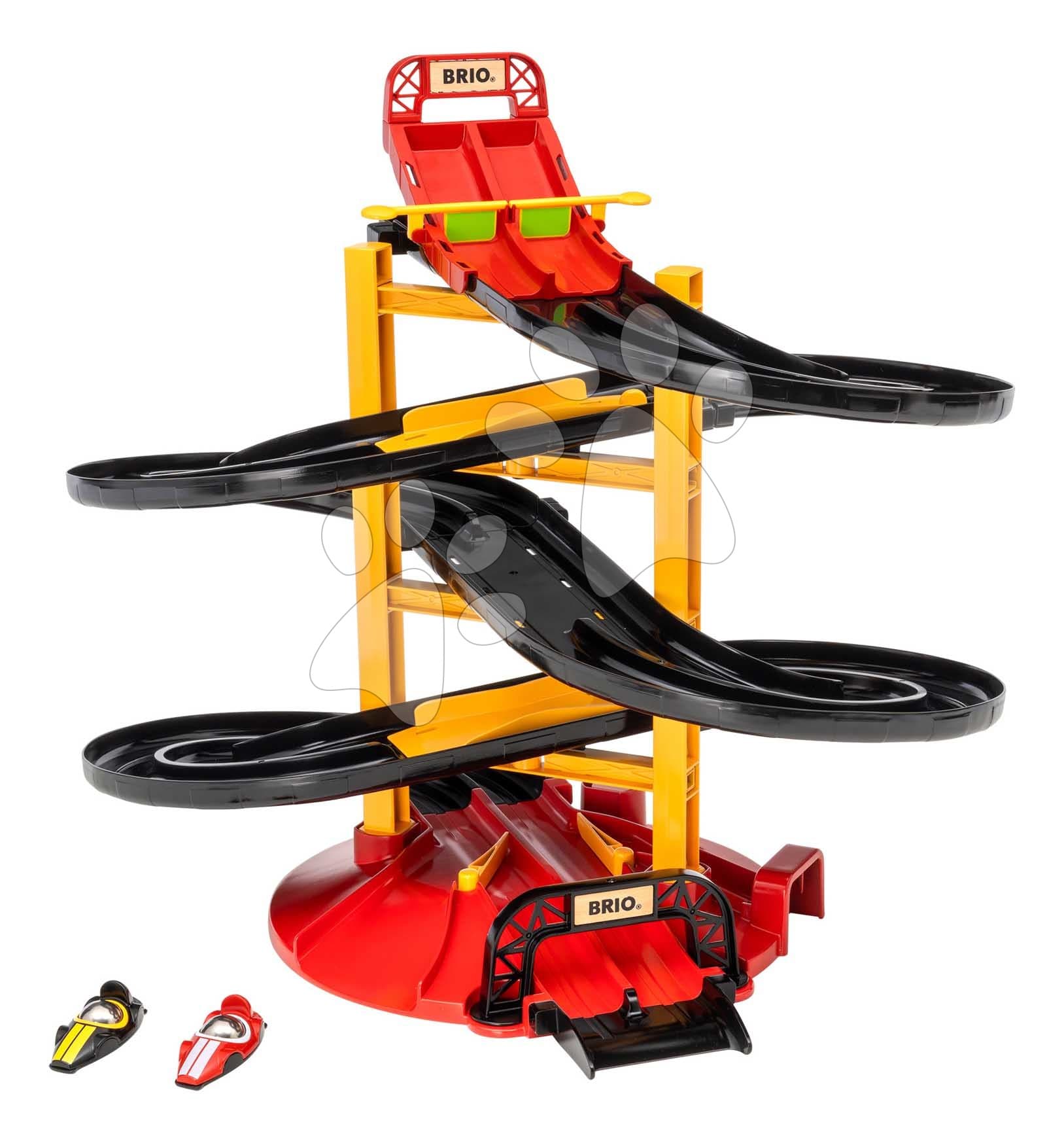 Pretekárska veža 3 poschodová Roll Racing Tower BRIO s 2 autíčkami a cieľom 19 dielov