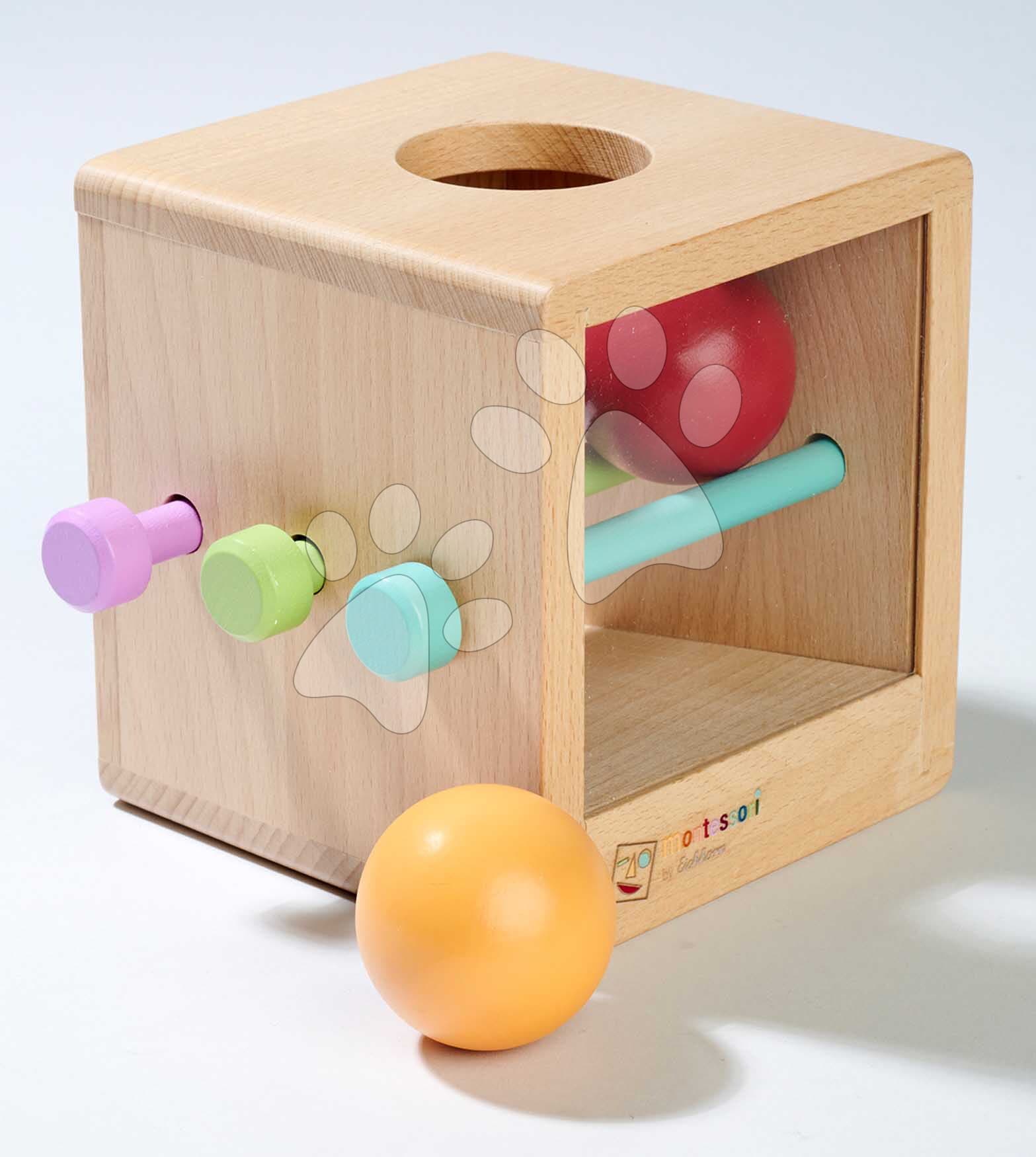 Drevený box s okienkom Montessori Box with Balls Eichhorn s 3 paličkami a 2 loptičkami pre rozvoj jemnej motoriky od 12 mes