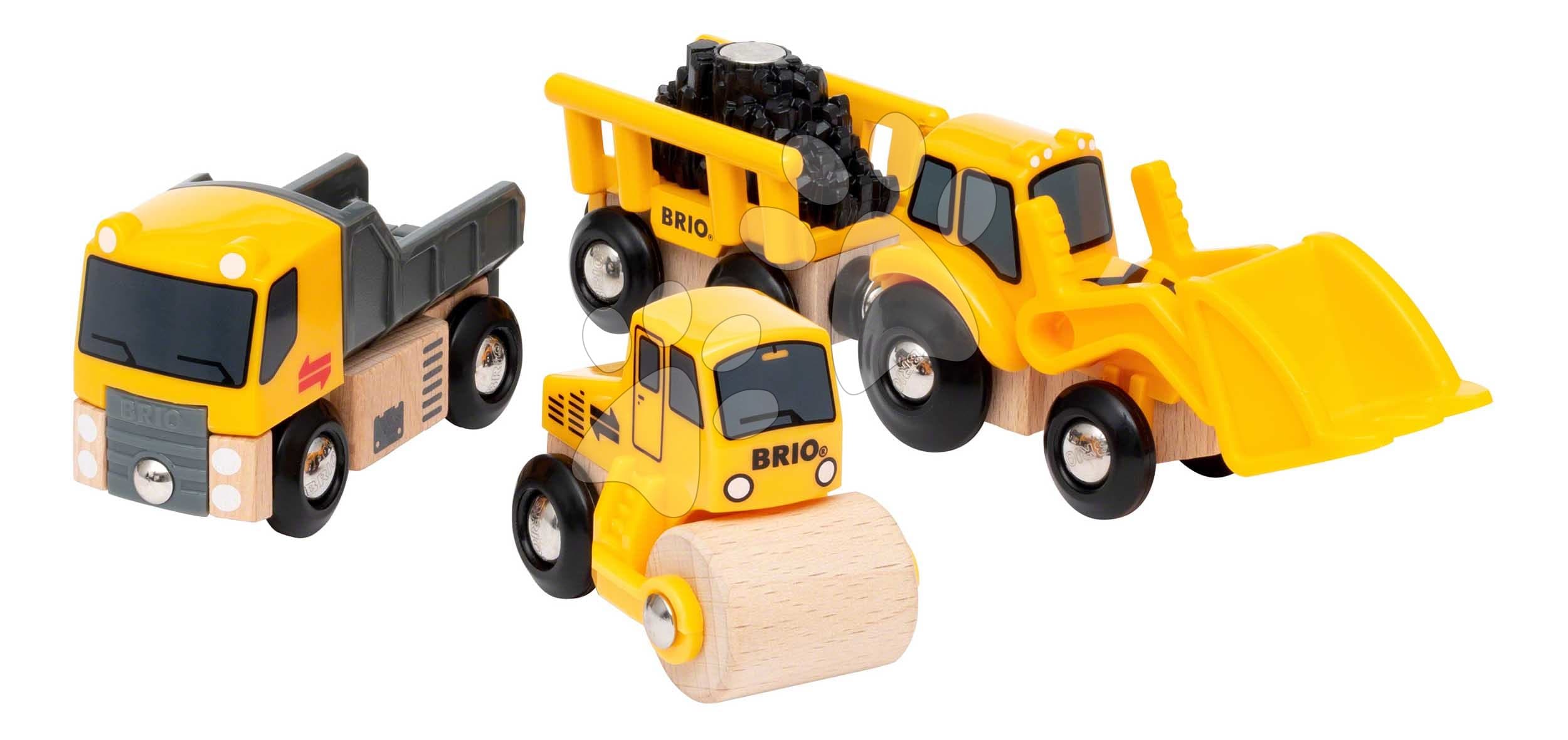 Drevené stavebné stroje Construction Vehicles BRIO nákladné auto s nakladačom a valcom