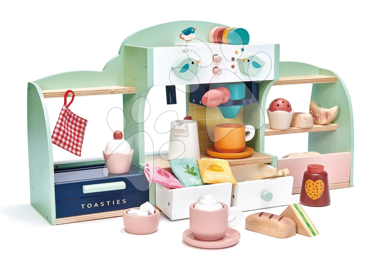 Drevená kaviareň Vtáčie hniezdo Bird's Nest Café Tender Leaf Toys s vypracovanými doplnkami a nálepkami