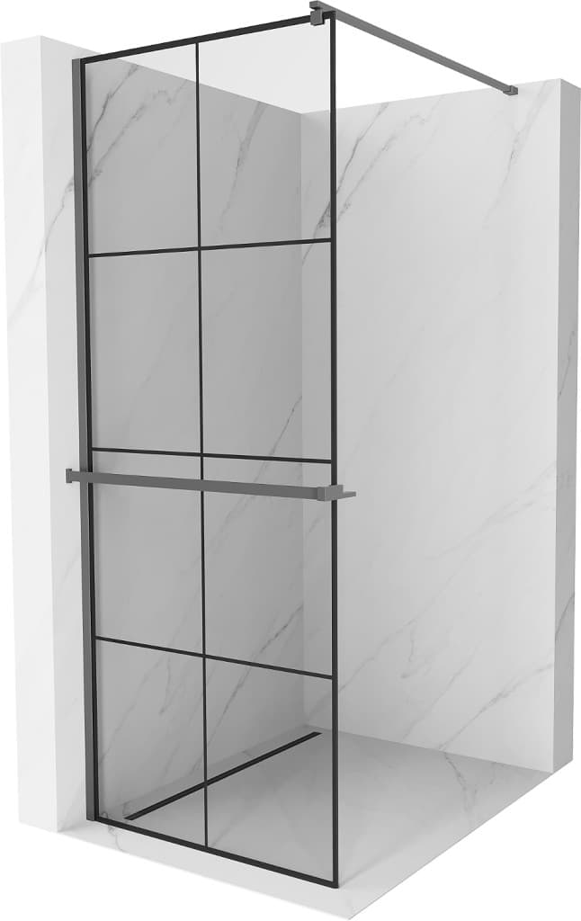 MEXEN/S - Kioto+ Sprchová zástena WALK-IN s poličkou a držiakom uterákov 80 x 200, čierny vzor, grafit metal 800-080-121-95-77