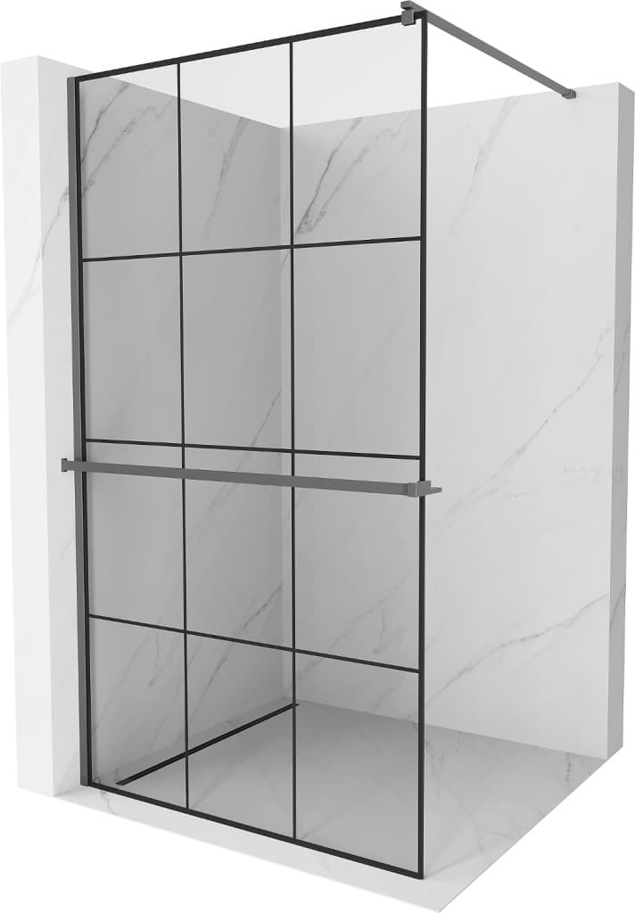 MEXEN/S - Kioto+ Sprchová zástena WALK-IN s poličkou a držiakom uterákov 110 x 200, čierny vzor, grafit metal 800-110-121-95-77