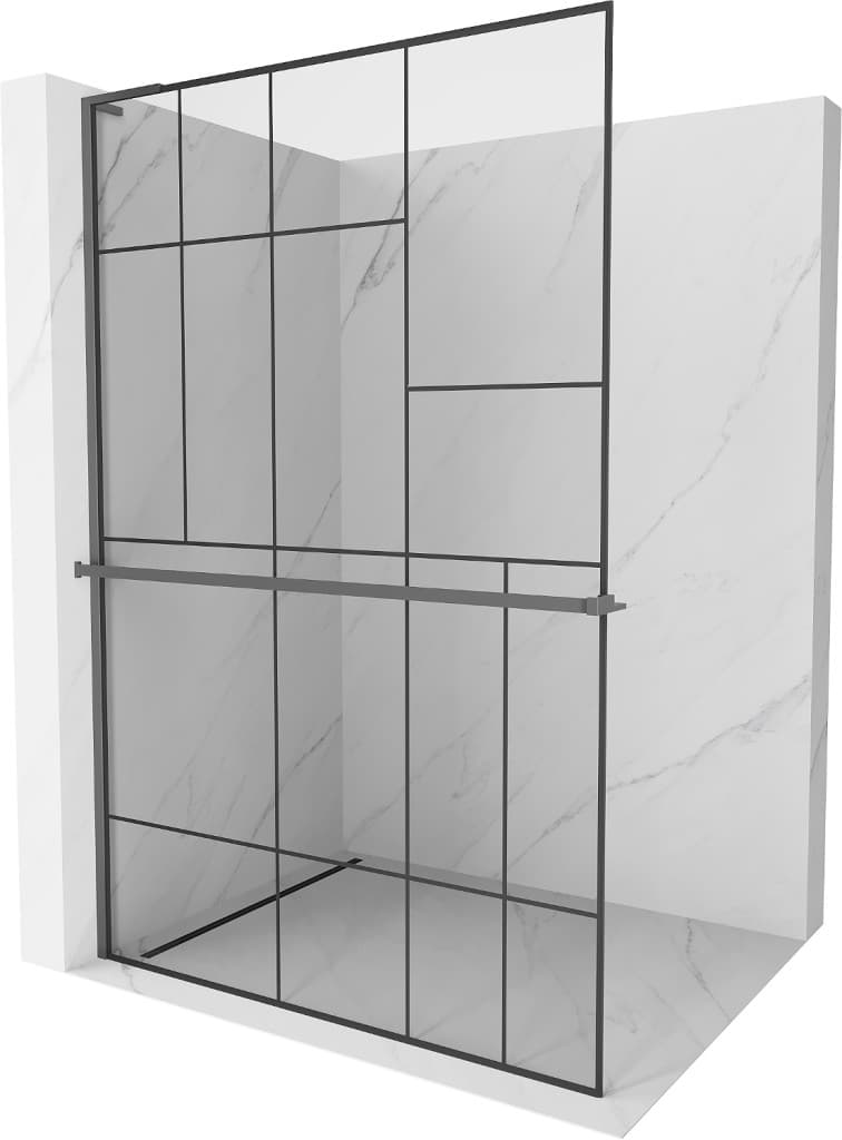 MEXEN/S - Kioto+ L Sprchová zástena WALK-IN s poličkou a držiakom uterákov 90 x 200, čierny vzor, grafit metal 800-090-123-95-78