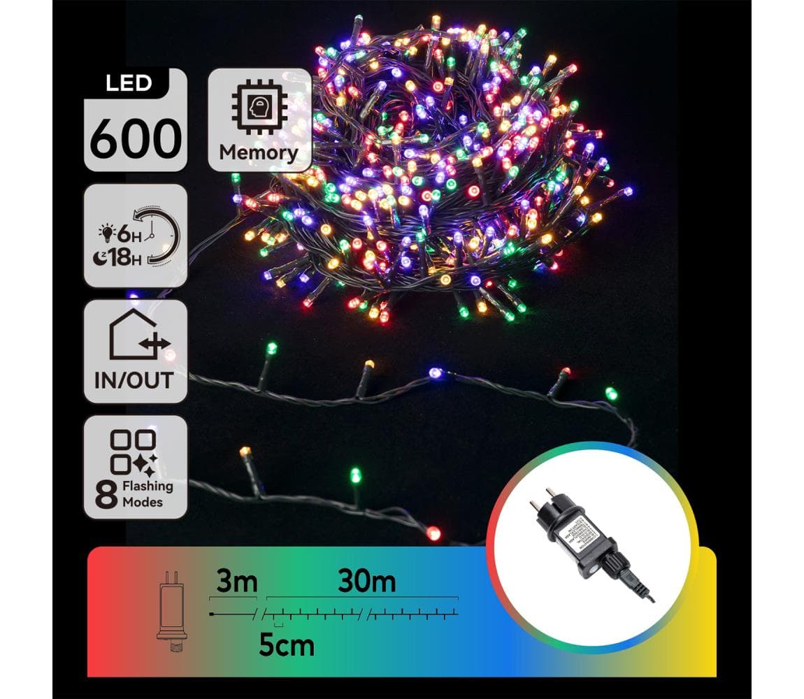 B.V. - LED RGBY Vonkajší vianočný svetelný reťaz 600xLED/6W/230V/8 funkcií 30m IP44 B103031PC