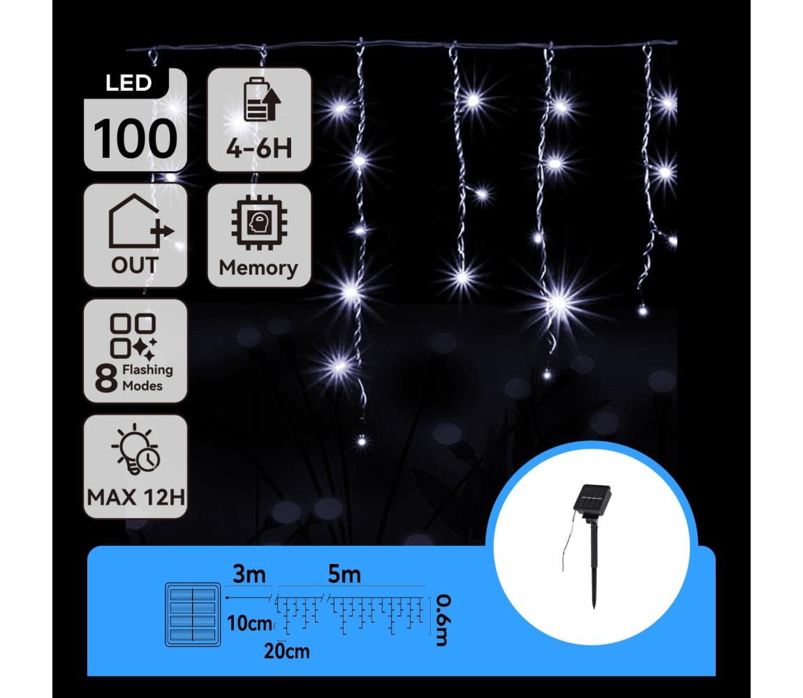 B.V. - LED solárny reťazec 100xLED/8 funkcií 8x0,6m IP65 studená biela B10201JG1