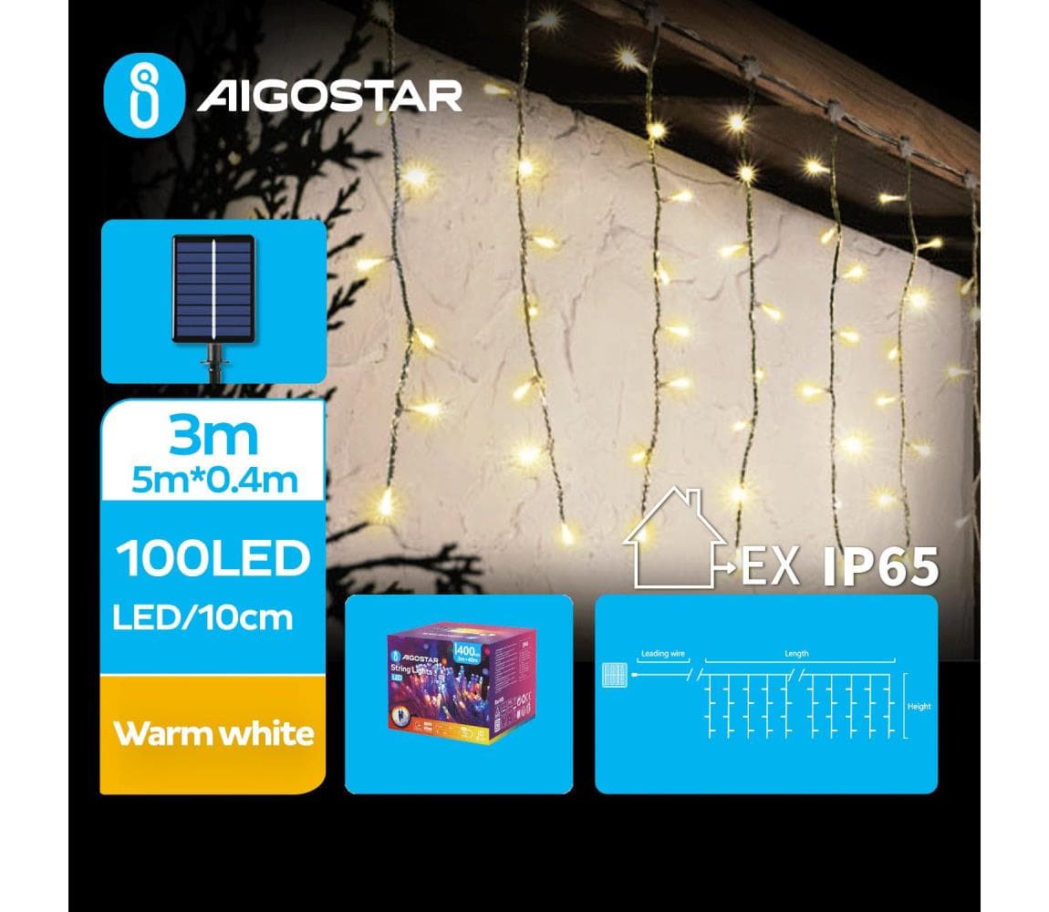 B.V. - LED solárny svetelný reťazec 100× LED / 8 funkcií, 8×0,4 m, IP65, teplá biela B10201JF7