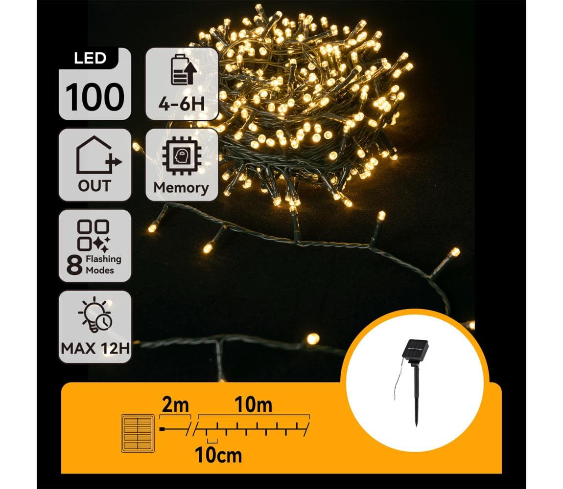 B.V. - LED solárny svetelný reťazec 100xLED/8 režimov 12m IP65 teplá biela B10201K78