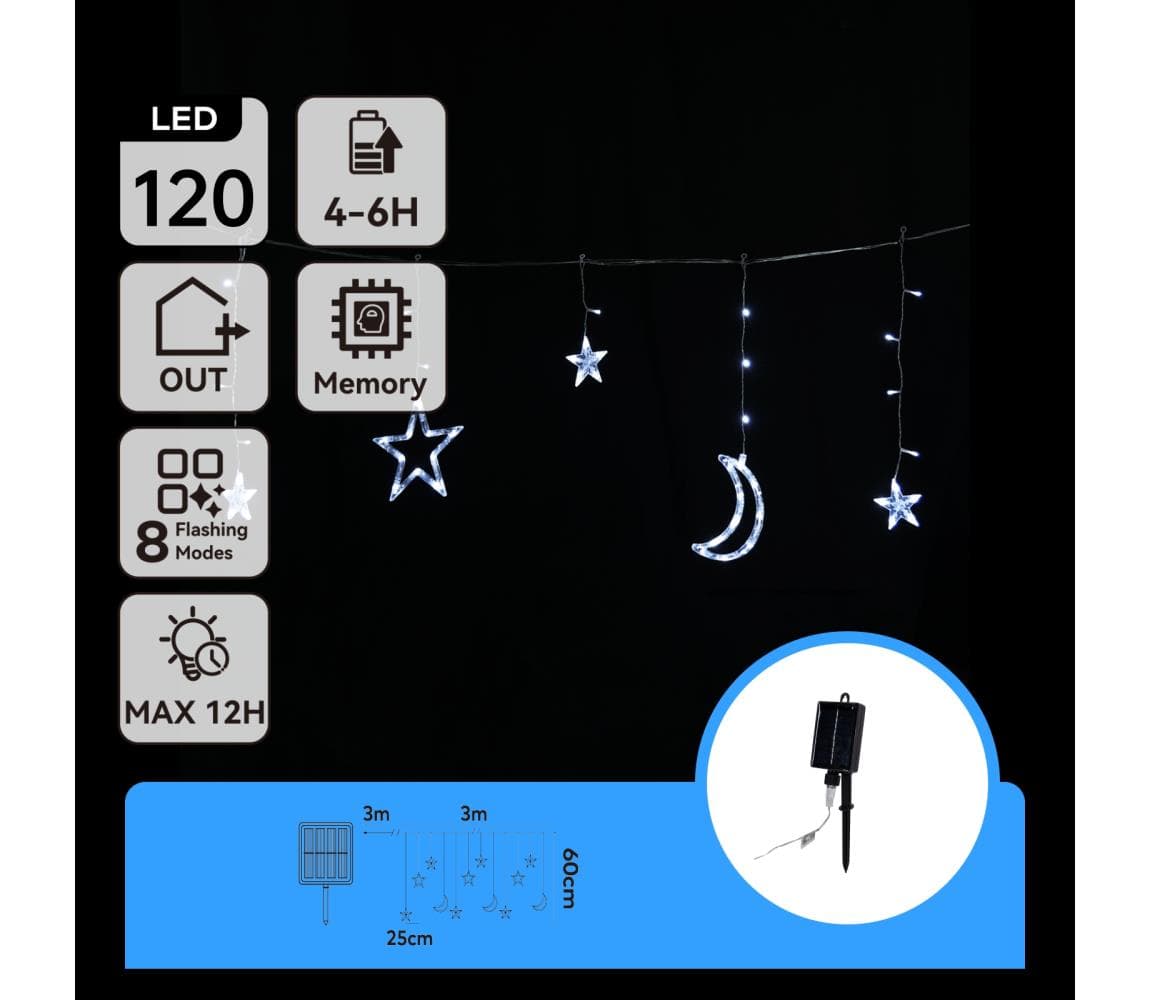 B.V. - LED solárny vianočný reťazec 120xLED/8 funkcií 3x0,6m 500 mAh IP65 studená biela B10201S6S
