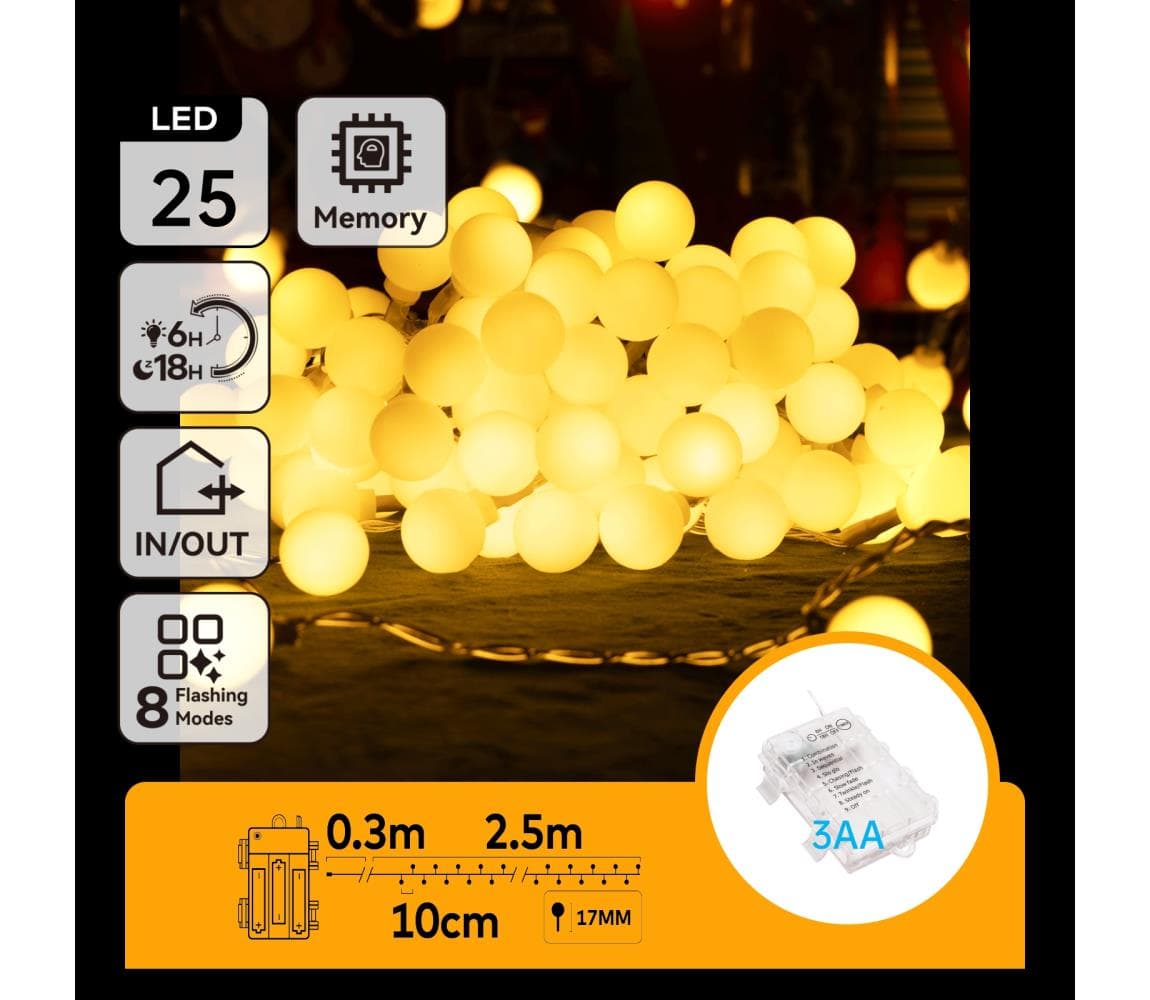 B.V. -LED Vonkajší svetelný reťazec 25xLED/3xAA/8 funkcií 2,8 m IP44 teplá biela B10303K4F