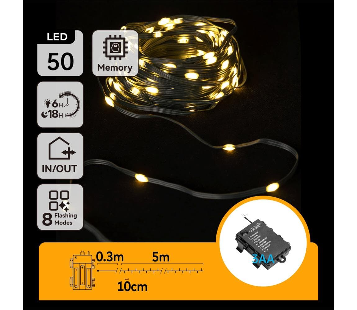 B.V. - LED vonkajší svetelný reťazec 50xLED/8 funkcií 3xAA 5,3 m IP44 teplá biela B10303K1I