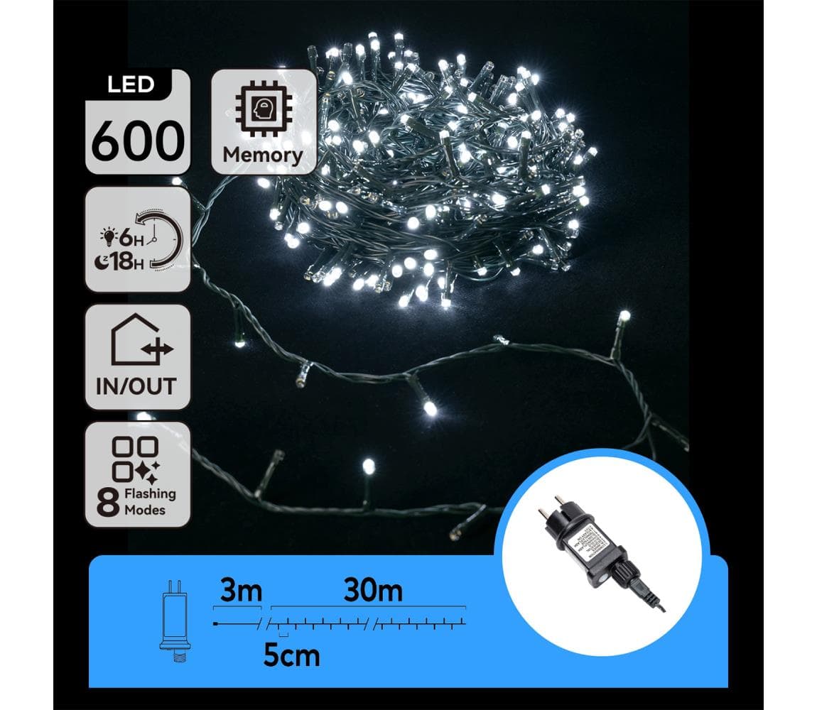 B.V. - LED vonkajší svetelný reťazec 600xLED/8 funkcií 33 m IP44 studená biela B103031OT