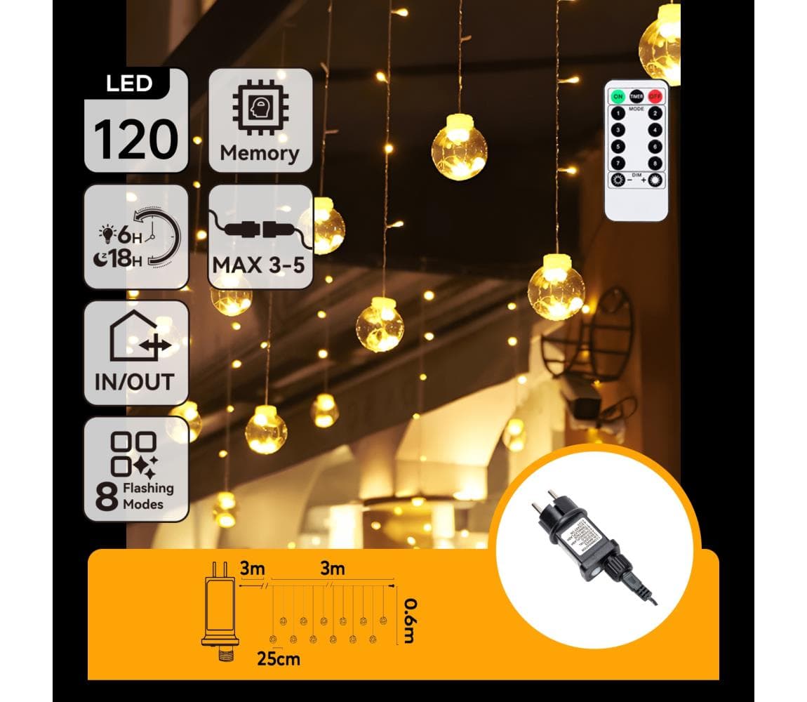 B.V. - LED vonkajší vianočný reťaz 120xLED/6W/230V/8 funkcií 3x0,6m IP44 teplá biela+DO B10303S71