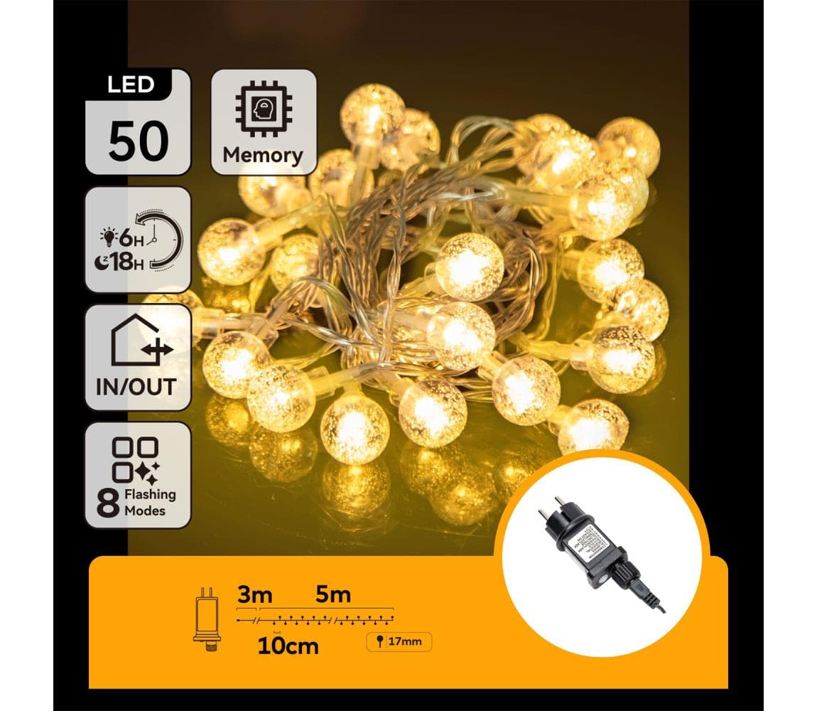 B.V. - LED vonkajší vianočný reťaz 50xLED/8 funkcií 8m IP44 teplá biela B103031NT