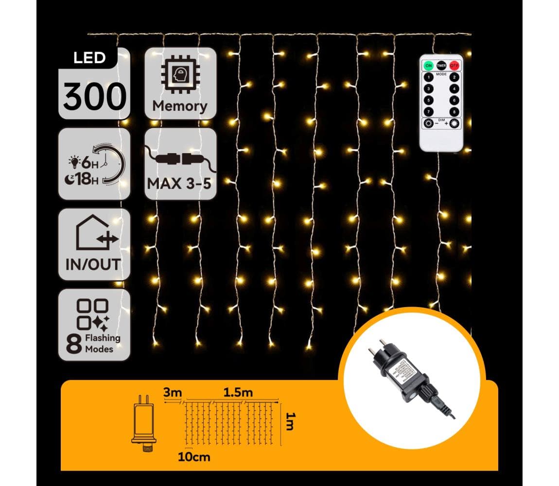 B.V. - LED vonkajší vianočný reťazec 300xLED/6W/230V/8 funkcií 3x1m IP44 teplá biela+DO B10303S7D
