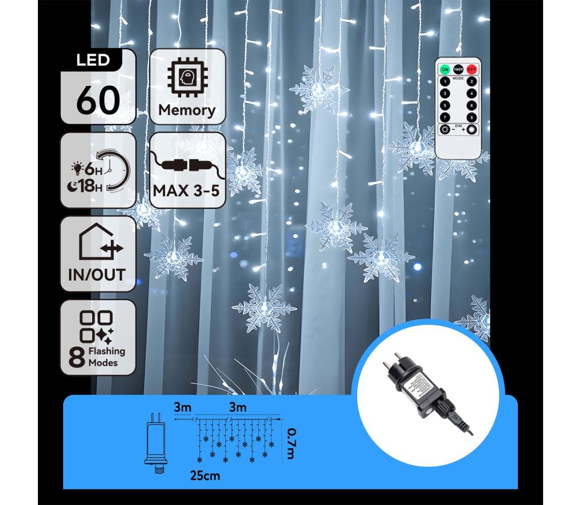 B.V. - LED vonkajší vianočný svetelný reťazec 120xLED/6W/230V/8 funkcií 3x0,7m IP44 studená biela + diaľkové ovládanie B10303S78