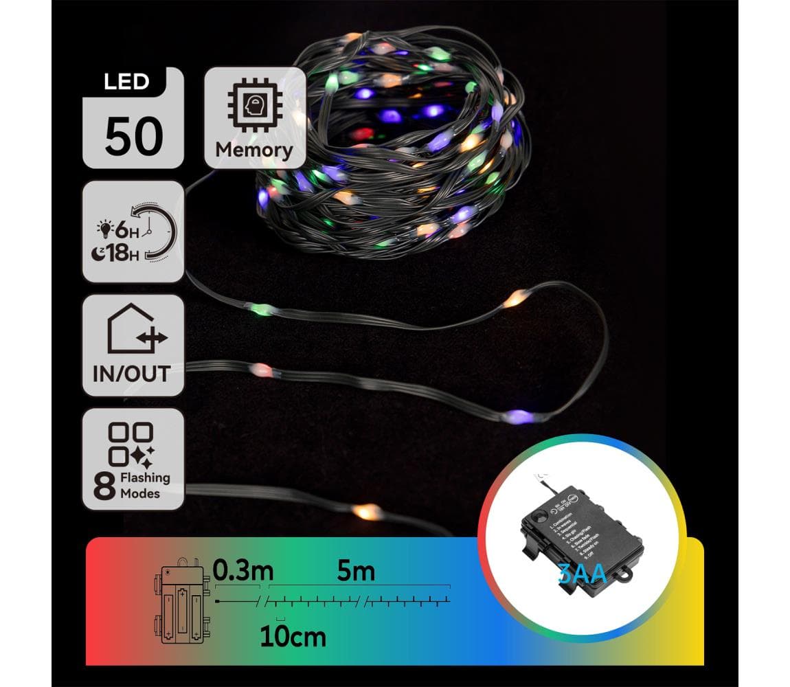 B.V. - LED Vonkajšia reťaz 50xLED/8 funkcií 3xAA 5,3m IP44 viacfarebná B10303K1O