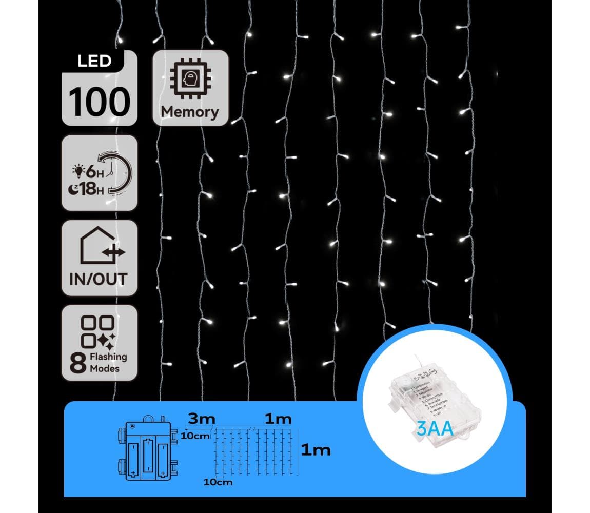 B.V. -LED Vonkajšia svetelná reťaz 100xLED/8 funkcií 3xAA 4x1m IP44 studená biela B10303K3H