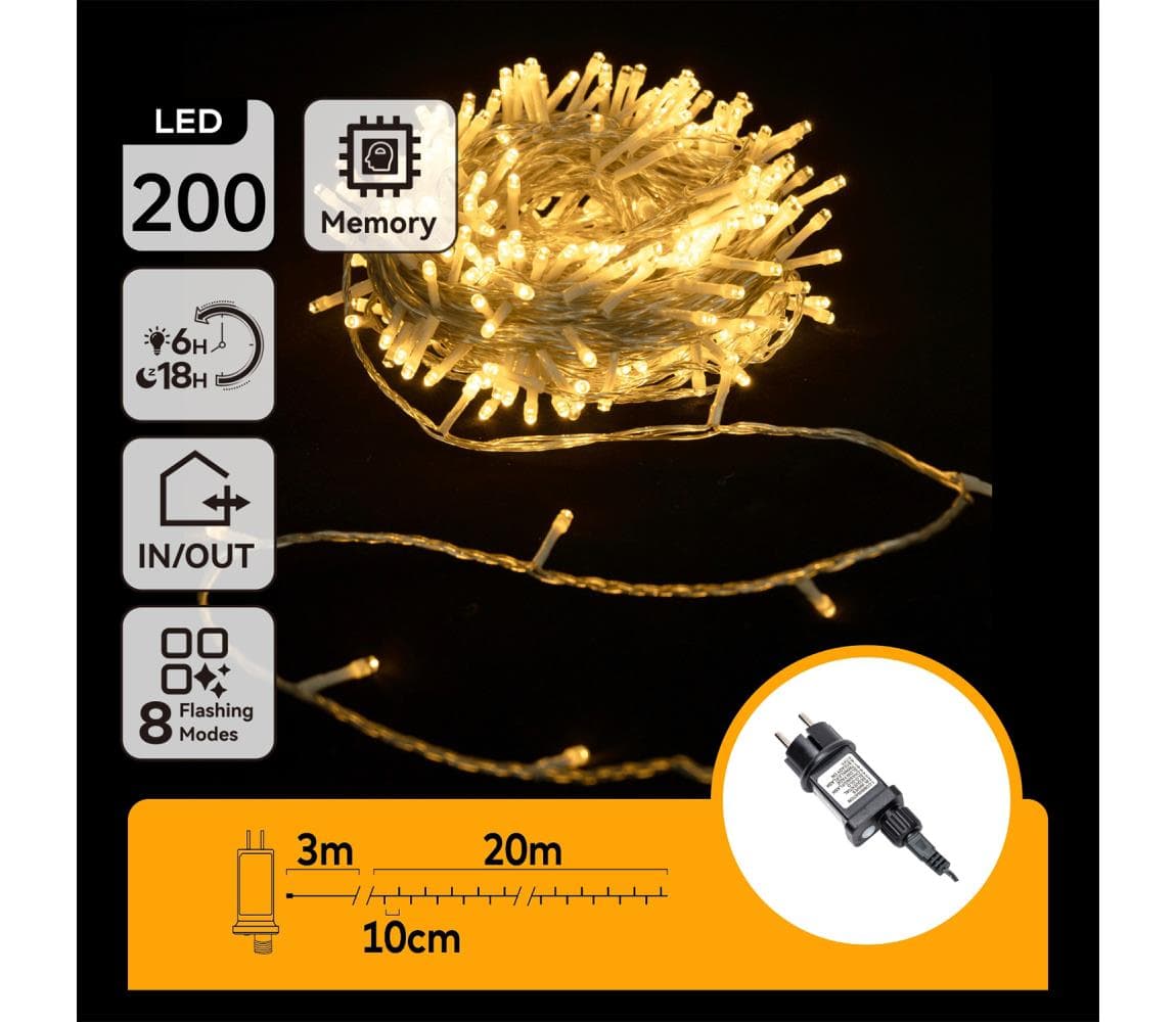 B.V. - LED vonkajšia svetelná reťaz 200xLED/8 funkcií 23m IP44 teplá biela B103031PR