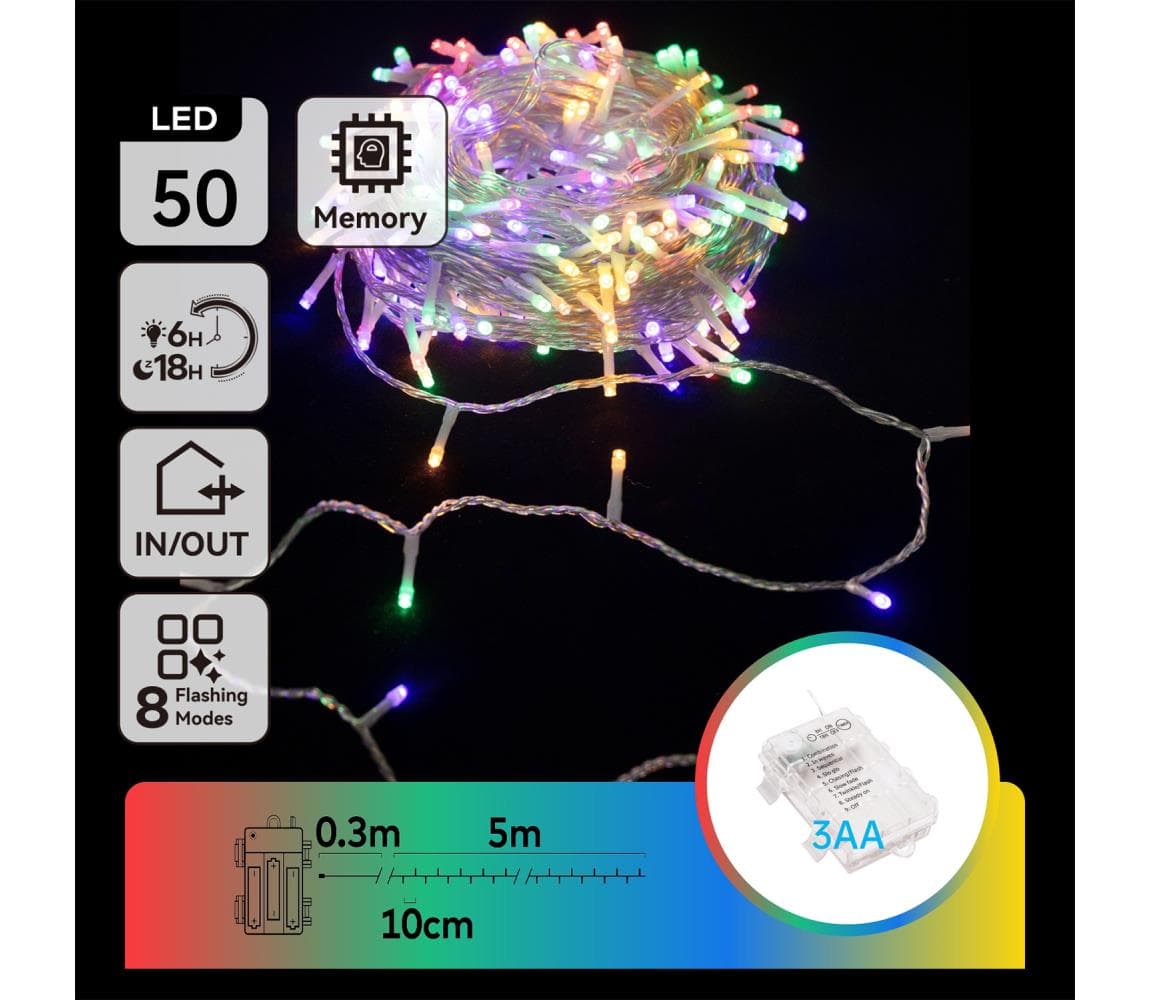 B.V. - LED vonkajšia svetelná reťaz 50×LED/8 režimov, 3×AA, 5,3 m, IP44, viacfarebná B10303K1X