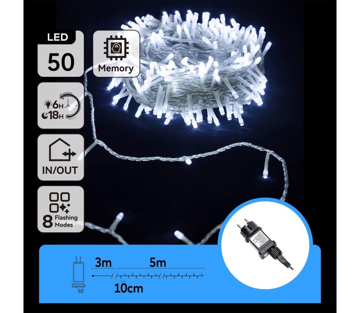 B.V. - LED vonkajšia svetelná reťaz 50xLED/8 funkcií 8m IP44 studená biela B103031OX