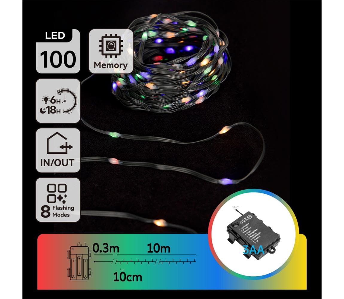 B.V. -LED Vonkajšia vianočná reťaz 100xLED/8 funkcií 3xAA 10,3m IP44 multicolor B10303K1P