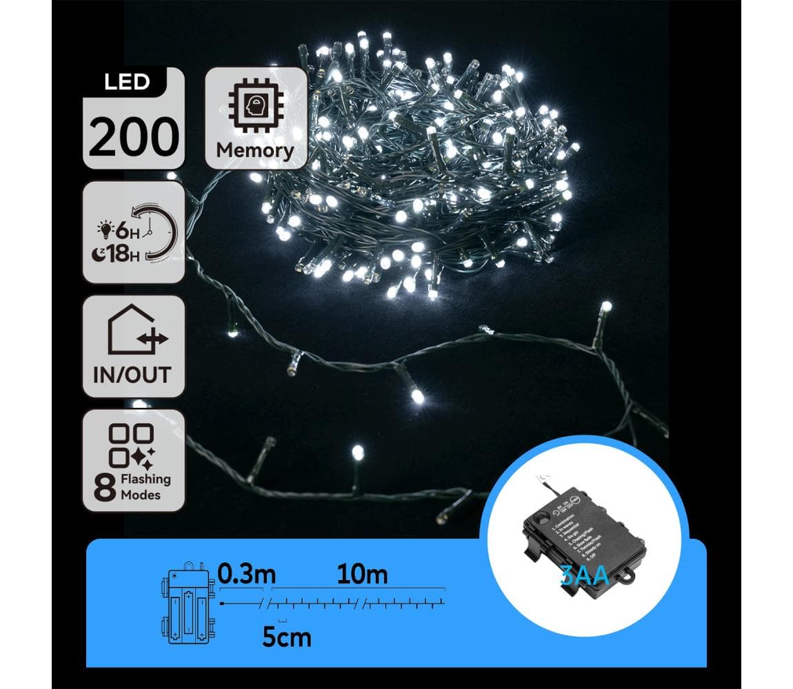 B.V. - LED Vonkajšia vianočná reťaz 200xLED/8 funkcií 10,3m IP44 studená biela B10303K2N