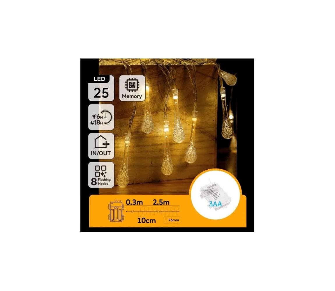 B.V. - LED vonkajšia vianočná reťaz 25xLED/8 funkcií 3xAA 2,5m IP44 teplá biela kvapky B10303K57