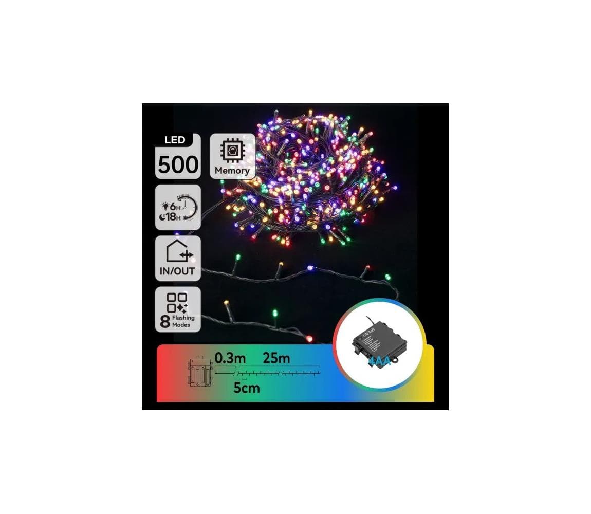 B.V. - LED vonkajšia vianočná reťaz 500xLED/8 funkcií 4xAA 25,3 m viacfarebná B10303KX8
