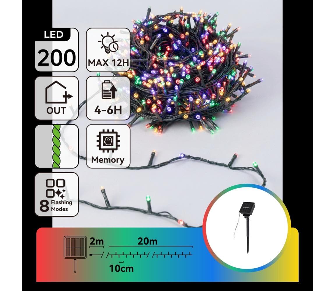 B.V. - solárna LED vianočná reťaz 200xLED/8 funkcií 22m IP65 viacfarebná 800 mAh B10201ACRZ