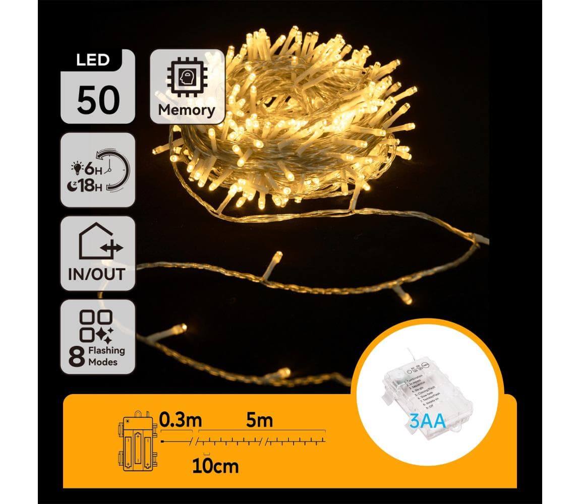 B.V. - vonkajší LED reťaz 50xLED/8 funkcií 3xAA 5,3m IP44 teplá biela B10303K1R