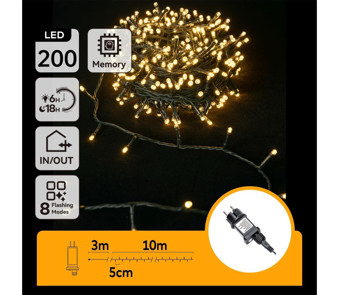 B.V. - vonkajší vianočný LED reťazec 200xLED/8 režimov 13m IP44 teplá biela B103031PO