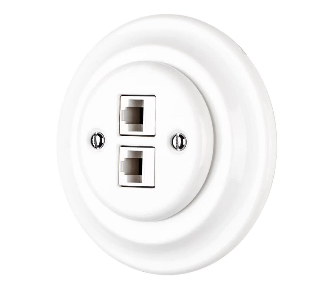 Bohemia-Design - Porcelánová retro ethernetová zásuvka s rámčekom 2x CAT.5E biela 12359386