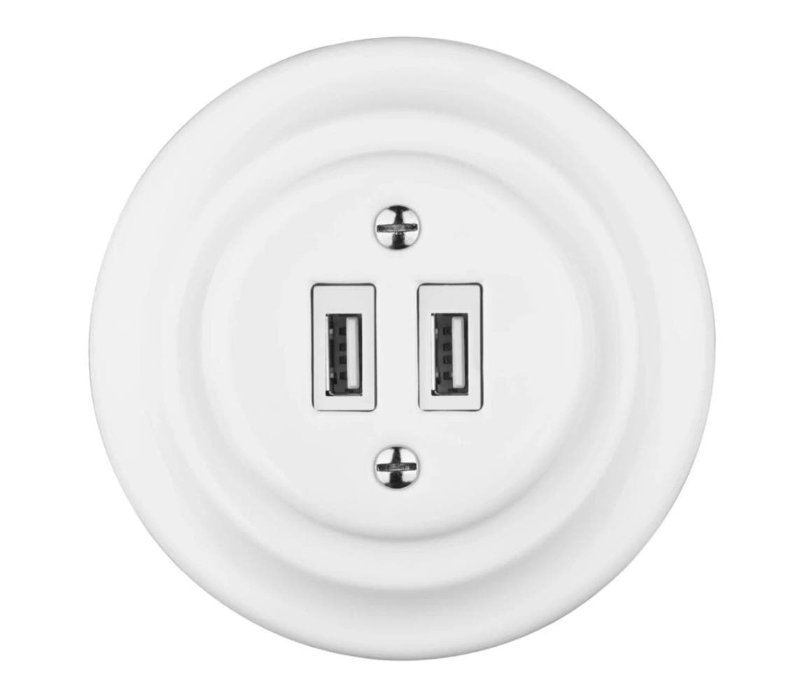 Bohemia-Design - Porcelánová retro USB napájacia zásuvka s rámikom 2x USB-A biela 12359388