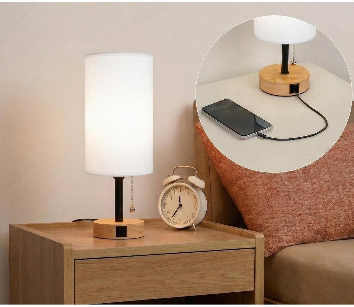 Brilagi - Stolová lampa s USB portom TABLON 1xE27/25W/230V dub/čierna/biela BG3673+BG3680