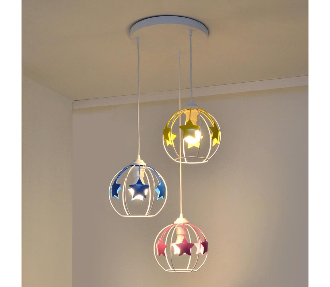 Detský luster na lanku STARS 3xE27/15W/230V modrá/ružová/žltá W-KD 1385/3 WT+MIX