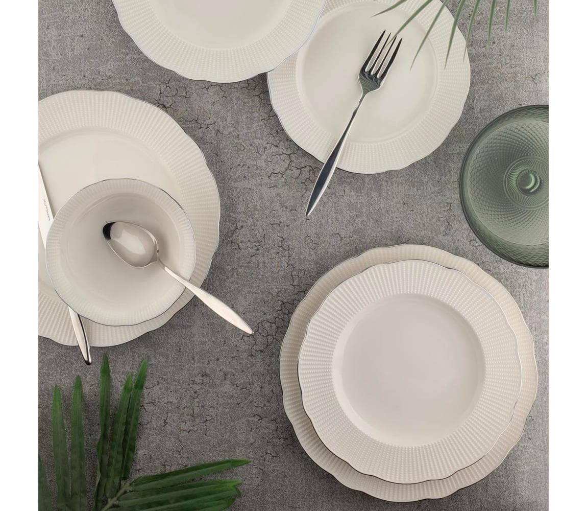 Jedálenská súprava 26 ks, biela/strieborná/slonovinová, porcelán 710KTP3684