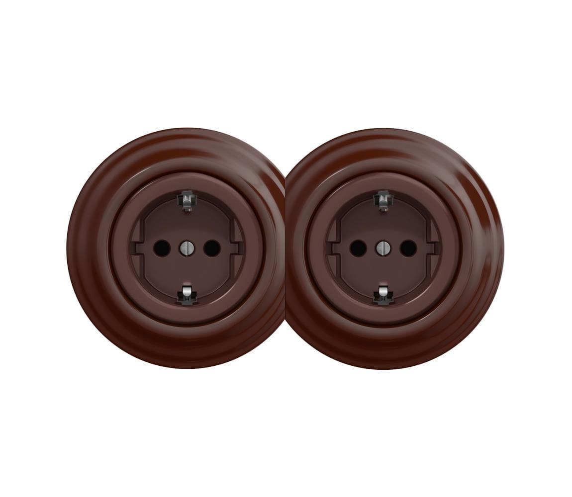 lap - Dvojitá retro domová zásuvka s rámčekom SCHUKO 230V hnedá 2xKA0035+2xKA0109