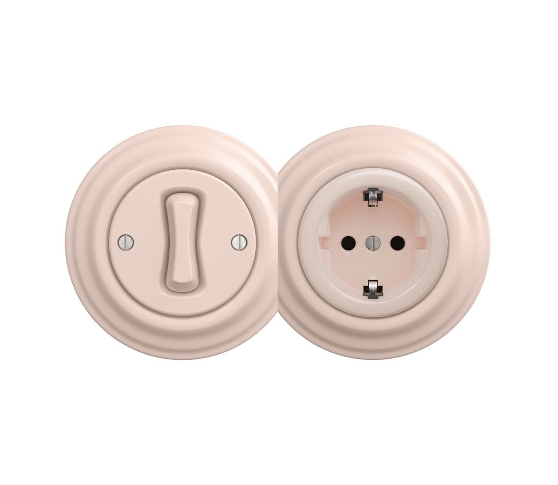 lap - Retro jednopólový vypínač č. 1 a zásuvka SCHUKO 230 V so staroružovým rámikom 2xKA0120+KA0113+KA0143