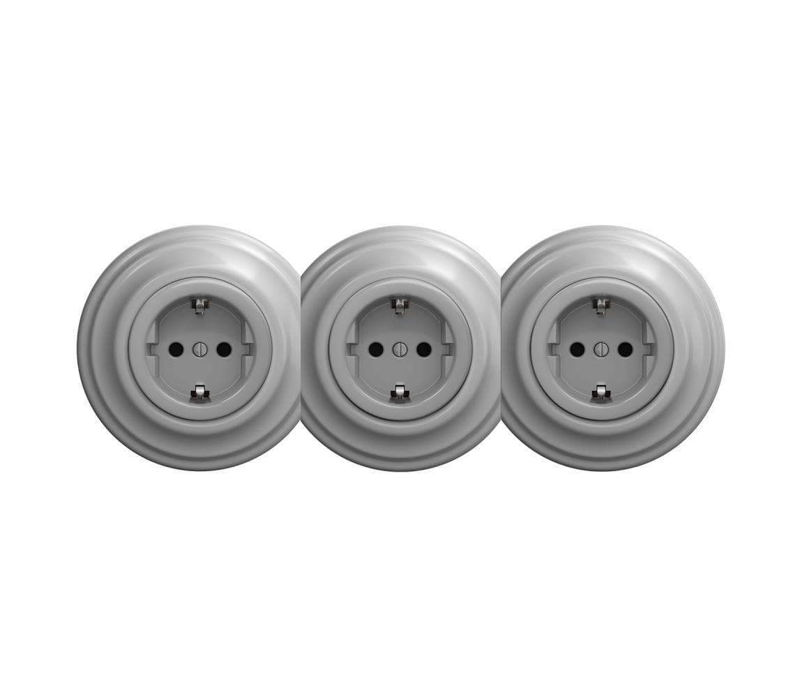 lap - Trojitá retro zásuvka do domácnosti s rámčekom SCHUKO 230V sivá KA0054+2xKA0053+3xKA0111