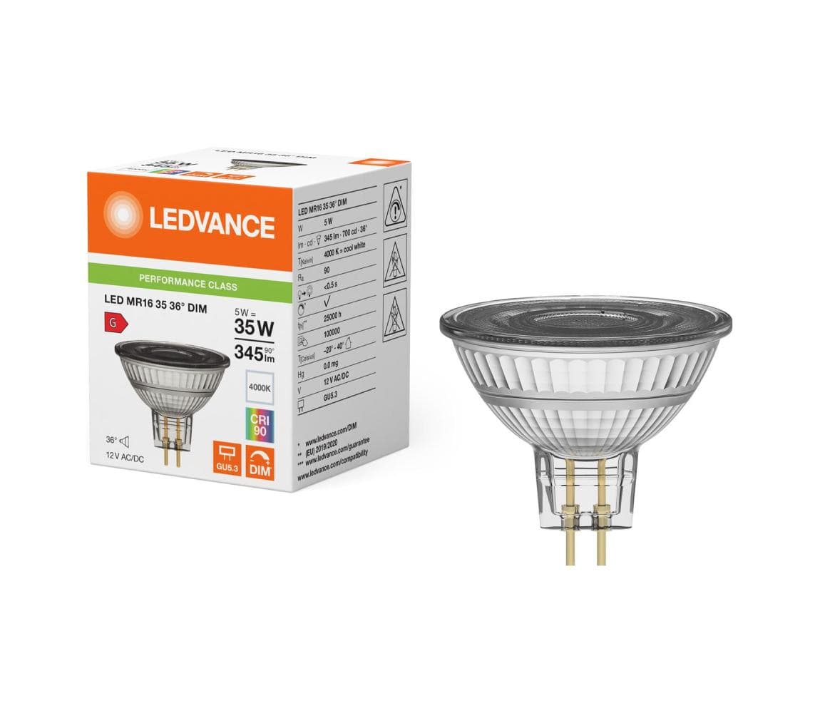 LED stmievateľná reflektorová žiarovka MR16 GU5,3/5W/12V 4000K 36° CRI 90 - Ledvance 4099854059735