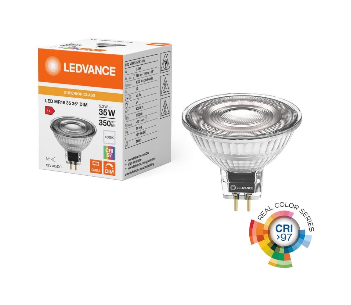 LED stmievateľná reflektorová žiarovka MR16, pätica GU5,3, 5,3 W, 12 V, 4000 K, 36°, CRI 97 - Ledvance 4099854058929