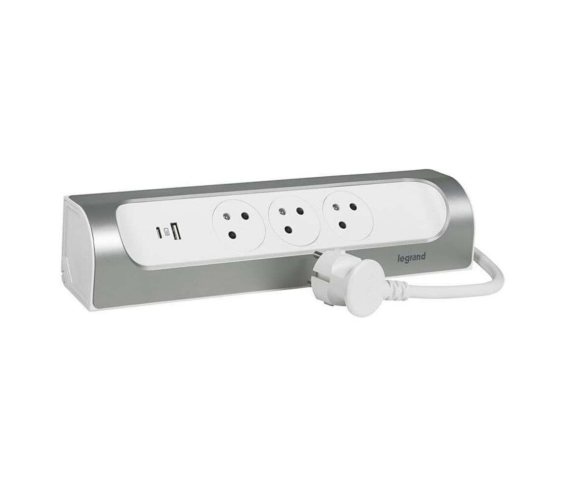 Legrand 049406 - 3-zásuvkový predlžovací kábel Typ E + USB-A + USB-C 1 m strieborný/biely 049406