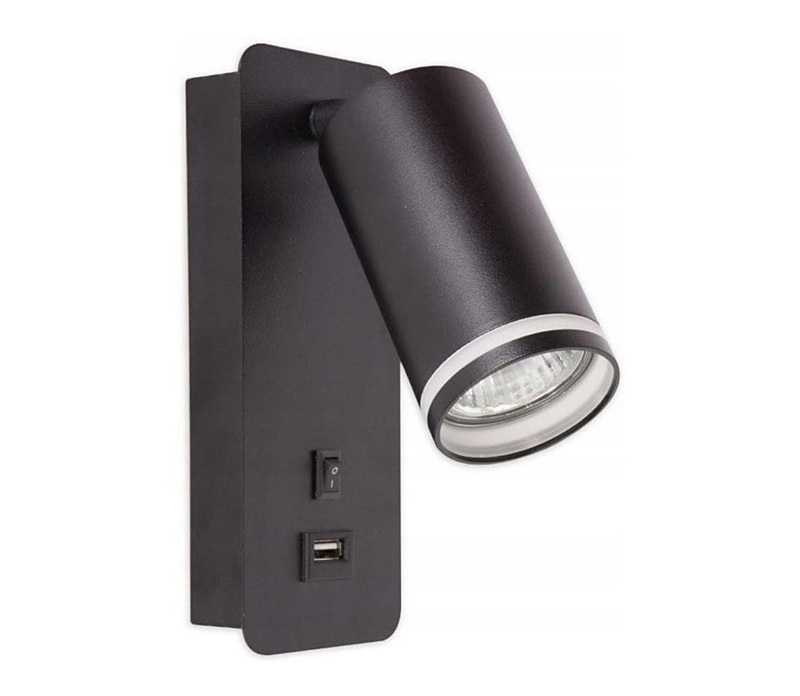 Nástenné bodové svietidlo s USB nabíjačkou 1xGU10/35W/230V čierna BEDROOM LIGHT BLACK USB