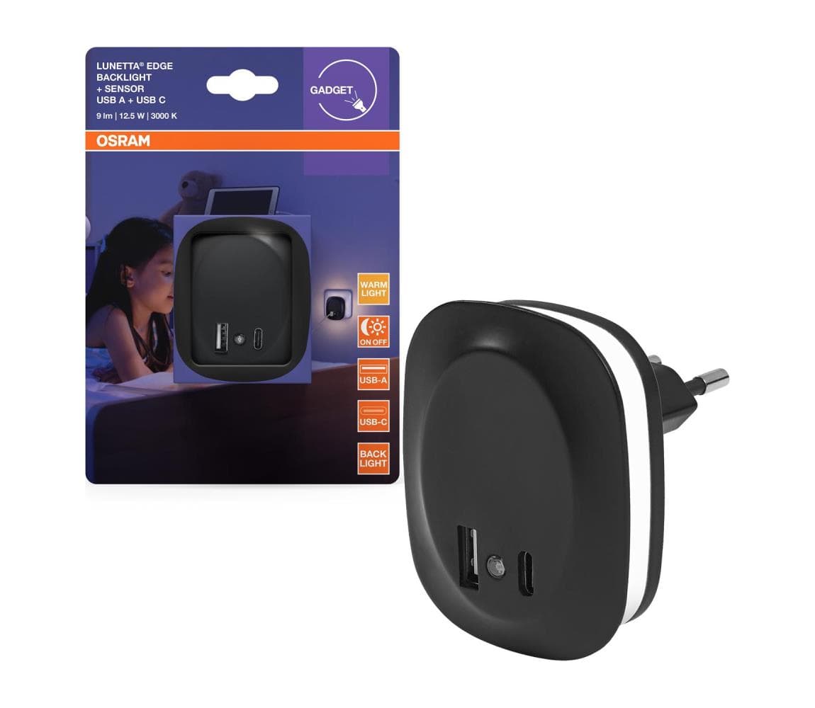 Osram- LED Nočné svietidlo do zásuvky so senzorom a USB LUNETTA LED/12,5W/230V 4099854532078