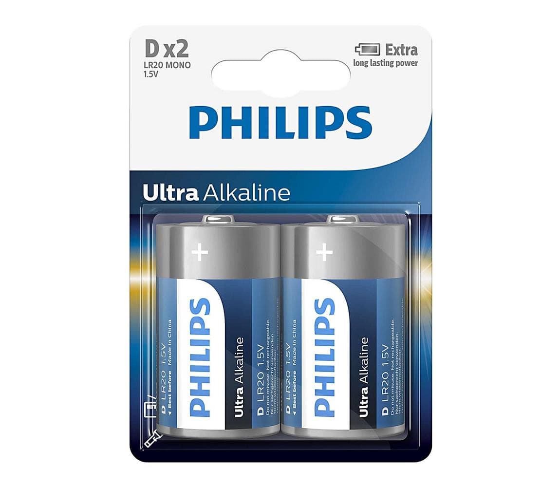 Philips LR20E2B/10 - 2 ks Alkalická batéria D ULTRA ALKALINE 1,5V 15000mAh Phil-LR20E2B/10