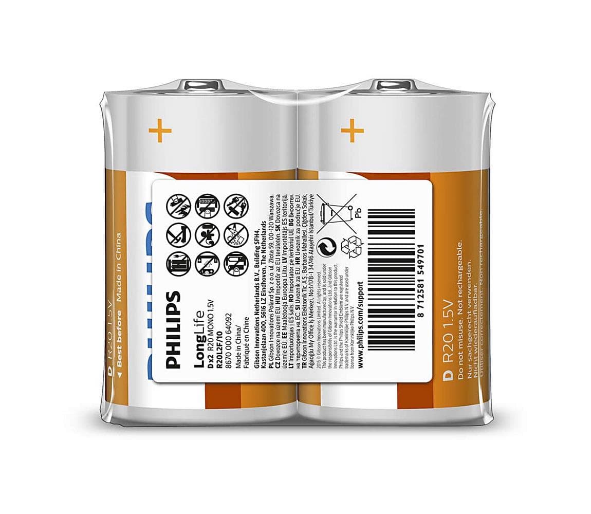 Philips R20L2F/10 - 2 ks Zinkochloridová batéria D LONGLIFE 1,5V 5000mAh Phil-R20L2F/10