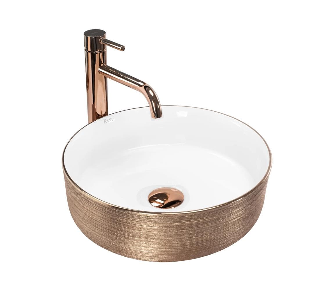 REA-U3303 - Umývadlo na dosku SAMI priemer 37 cm keramika/biela/zlatá REA-U3303