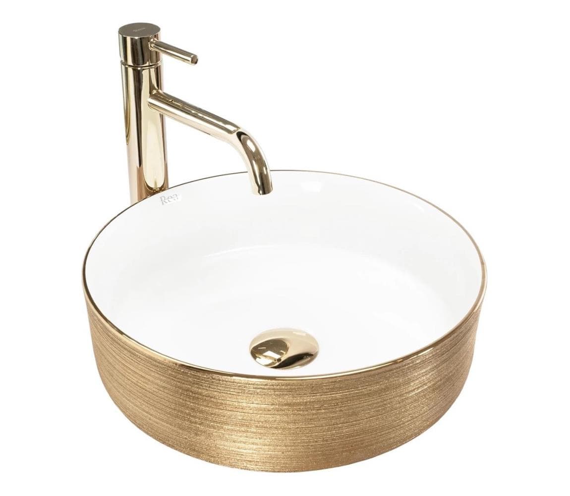 REA-U6630 - Umývadlo na dosku SAMI priemer 36 cm keramika/biela/brúsené zlato REA-U6630