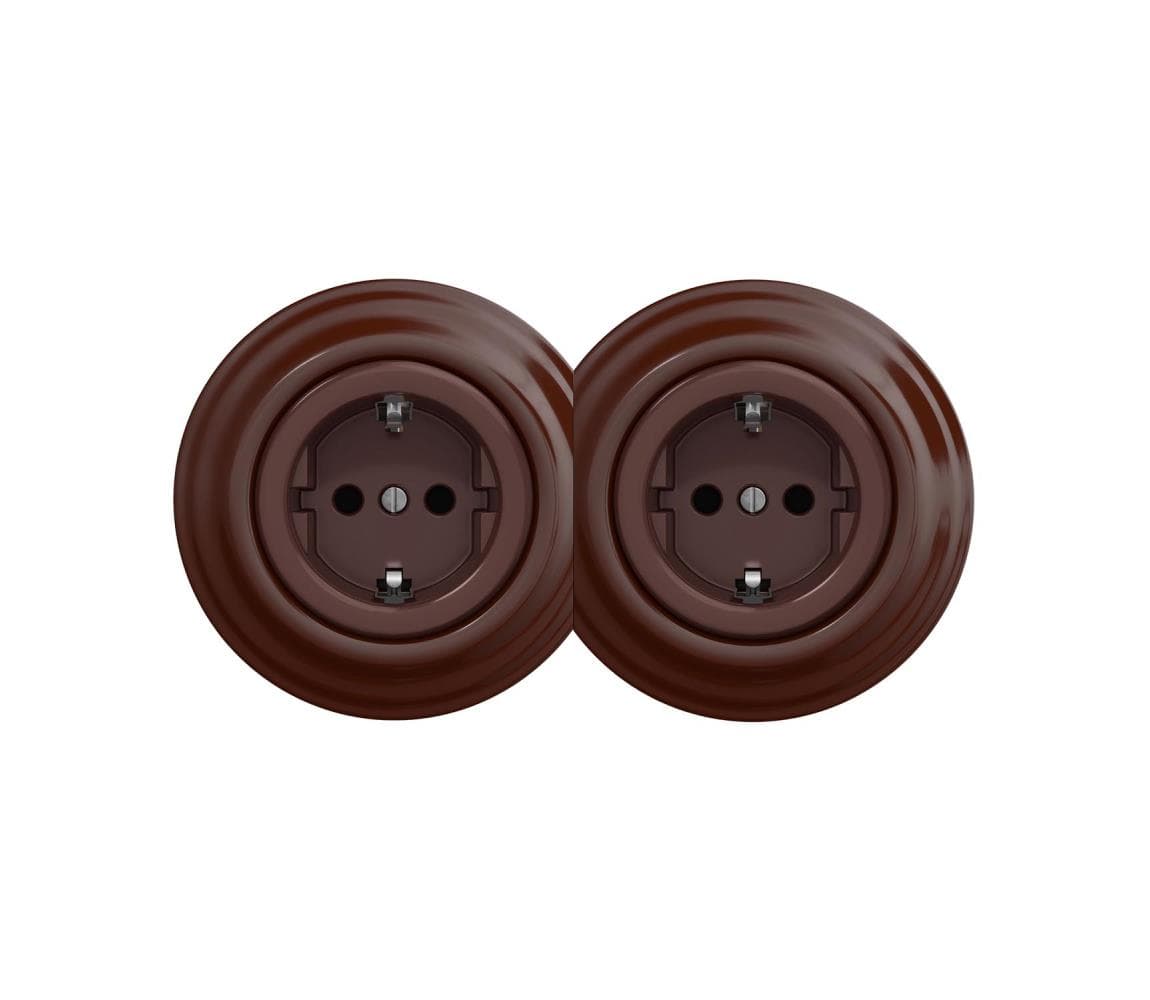 Reblig - Dvojitá retro domová zásuvka s rámčekom SCHUKO 230 V hnedá 2xRG0035+2xRG0109